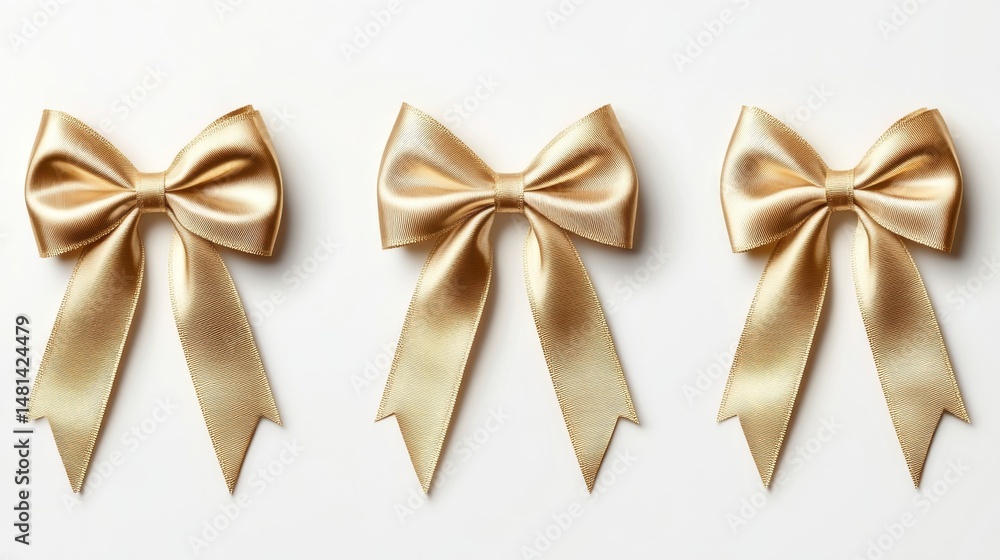 © pariimage - Four gold ribbon bows displayed in sequence on seamless white backdrop, each bow showing different tying technique from simple to complex, lustrous champagne-gold fabric with realistic light play, © pariimage - Four gold ribbon bows displayed in sequence on seamless white backdrop, each bow showing different tying technique from simple to complex, lustrous champagne-gold fabric with realistic light play,