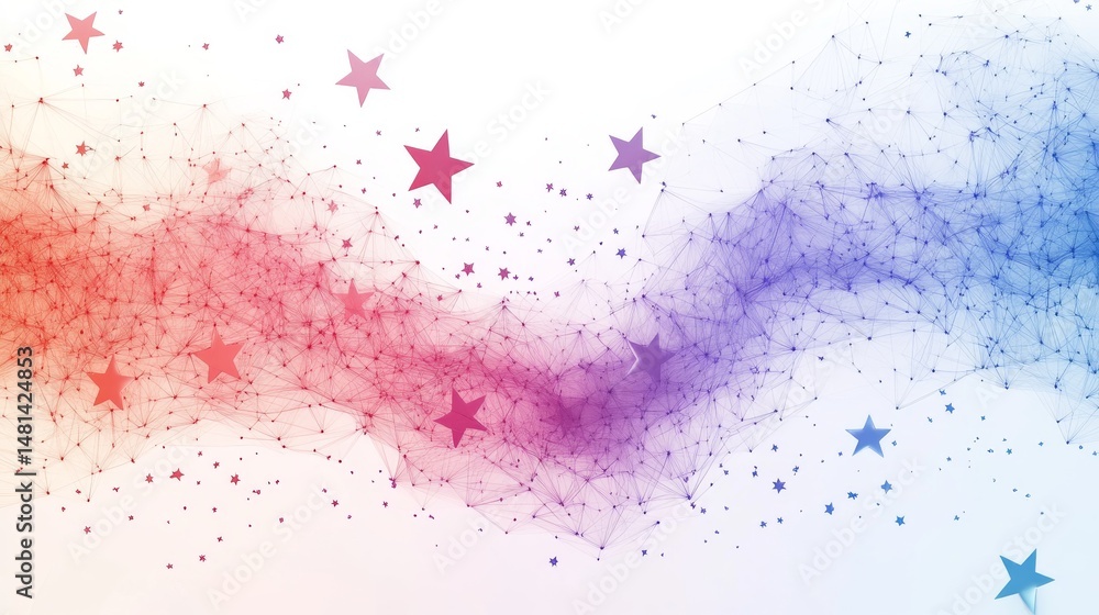 Obraz premium Drifting patriotic stars layout, fading geometric pattern, crisp white backdrop, gentle color blend, minimal celebration design, floating star elements, soft gradient flow, clean modern style,