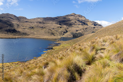 Group of tourists in El Cajas National Park in the Ecuadorian Andes. Lake (laguna) Larga  at an altitude of 4000 m above sea level. Paramo ecosystem. Azuay Province, Ecuador