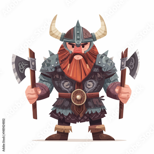 Viking Warrior: A formidable Viking warrior stands ready, clad in detailed armor, with formidable axes, embodying strength and courage.