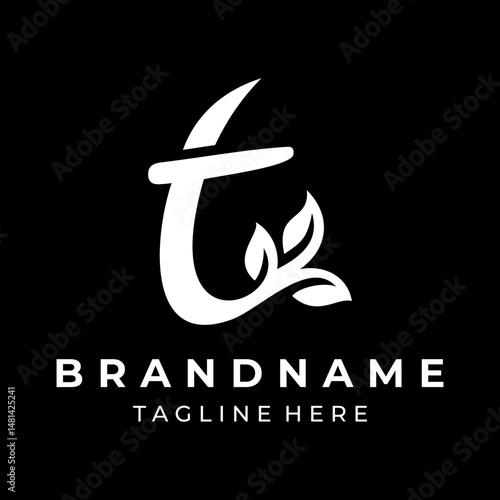 The logo design combines the letter t and a leaf, using white color.