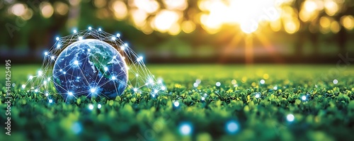 Global network, sunset park, green grass