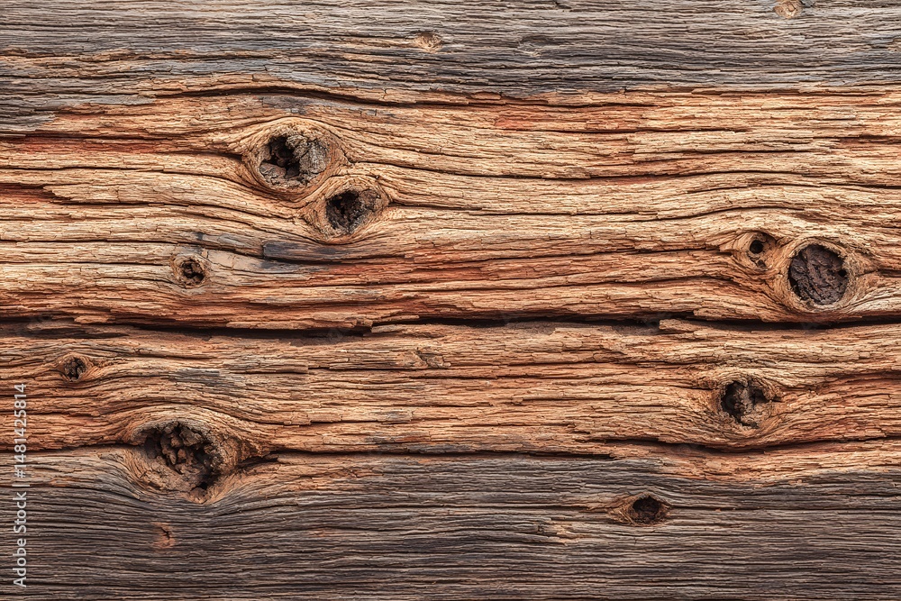 Naklejka premium Weathered Wood Grain: A close-up shot reveals the intricate texture of aged wood, showcasing the natural beauty of its grain and knots in an earthy, organic composition.