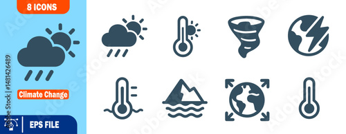 Climate Change Icon Set 8 Flat Glyph Icons of Global Warming, Extreme Weather, and Environmental