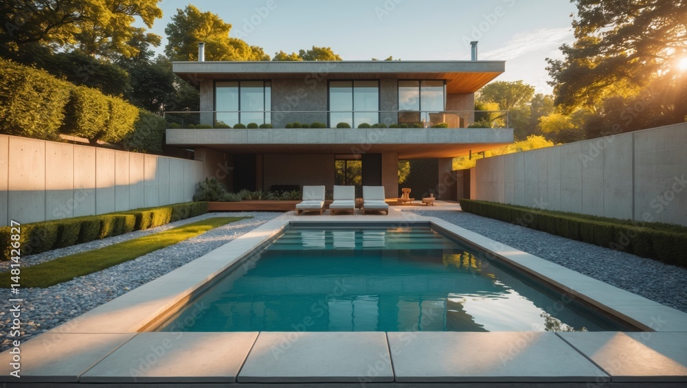 Fototapeta premium Impressive minimalist three-level suburban residence with clean lines and large creating a bright and inviting atmosphere perfect for family living in a welcoming neighborhood