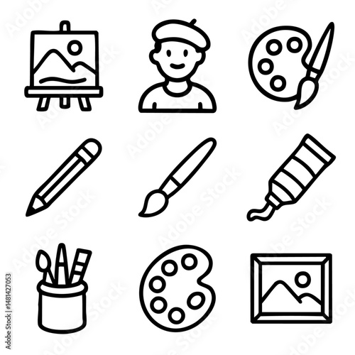 A set of doodle line icons showing painting tools, art supplies, artist character, and creative equipment in sketch style