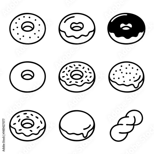 A set of doodle line icons featuring various donuts, sprinkles, frosting styles, and pastry shapes in fun cartoon outline style
