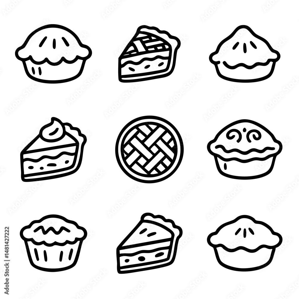 A set of doodle line icons showing whole pies, pie slices, lattice crusts, and sweet dessert styles in a fun outline design A set of doodle line icons showing whole pies, pie slices, lattice crusts, and sweet dessert styles in a fun outline design