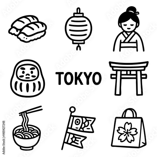 A set of doodle line icons featuring elements of Tokyo and Japanese culture including food, lanterns, kimono, Torii gate, and symbols