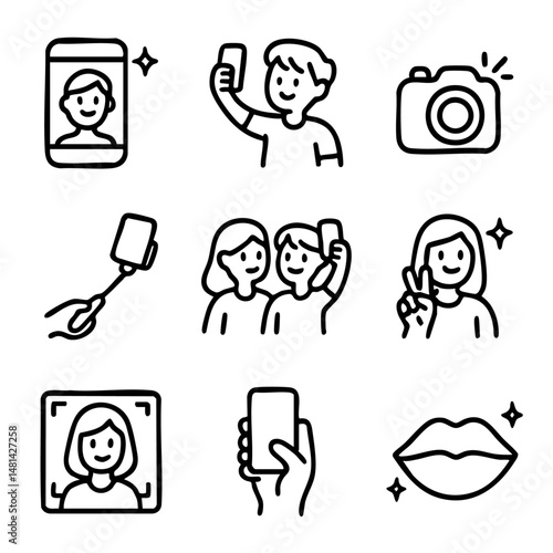 A set of doodle line icons showing selfies, cameras, phone shots, facial expressions, and photo moments in modern outline style