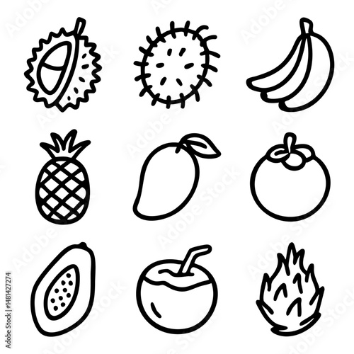 A set of doodle line icons featuring tropical and exotic fruits such as durian, mango, banana, coconut, and dragon fruit in outline style