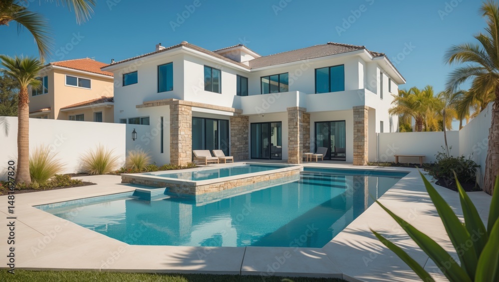 Fototapeta premium A stunning modern three-story suburban home with contemporary design featuring expansive and a charming front porch surrounded by lush green landscaping and a welcoming atmosphere