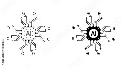 Artificial intelligence AI processor chip icon.AI Processor circuit vector set. Mini AI CPU icon collection