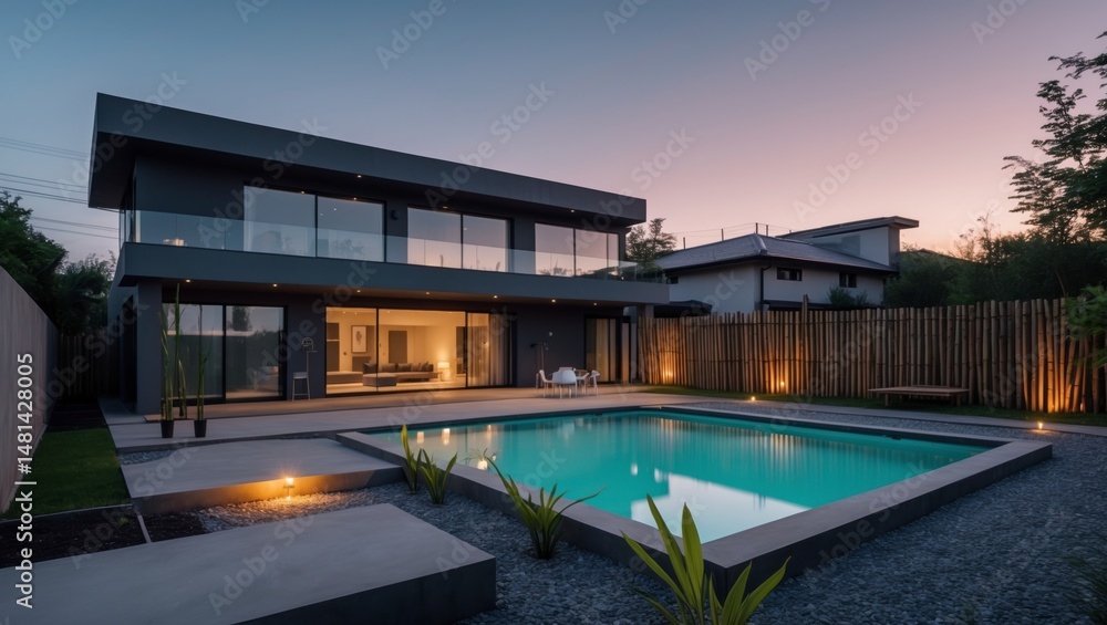 Bright and airy modern two-level suburban house with a flat roof design and ample natural light in a quiet neighborhood surrounded by attractive landscaping Bright and airy modern two-level suburban house with a flat roof design and ample natural light in a quiet neighborhood surrounded by attractive landscaping