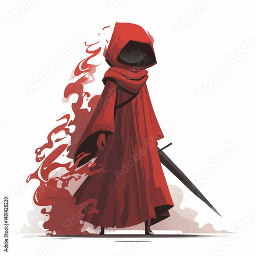 Scarlet Guardian's Path: A solitary figure shrouded in a crimson cloak and hood stands resolute, brandishing a sword, surrounded by an aura of crimson smoke, against the backdrop of darkness.