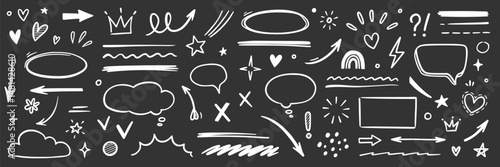 Line hand drawn brush marker arrow, heart shape element chalkboard set. Hand drawn sketch marker underline shape, arrow, star marker brush pen stroke icon heart element. Vector illustration