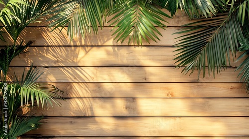 Wooden plank wall with vibrant green palm leaves hanging from the top right corner clean and minimalistic composition with soft natural light