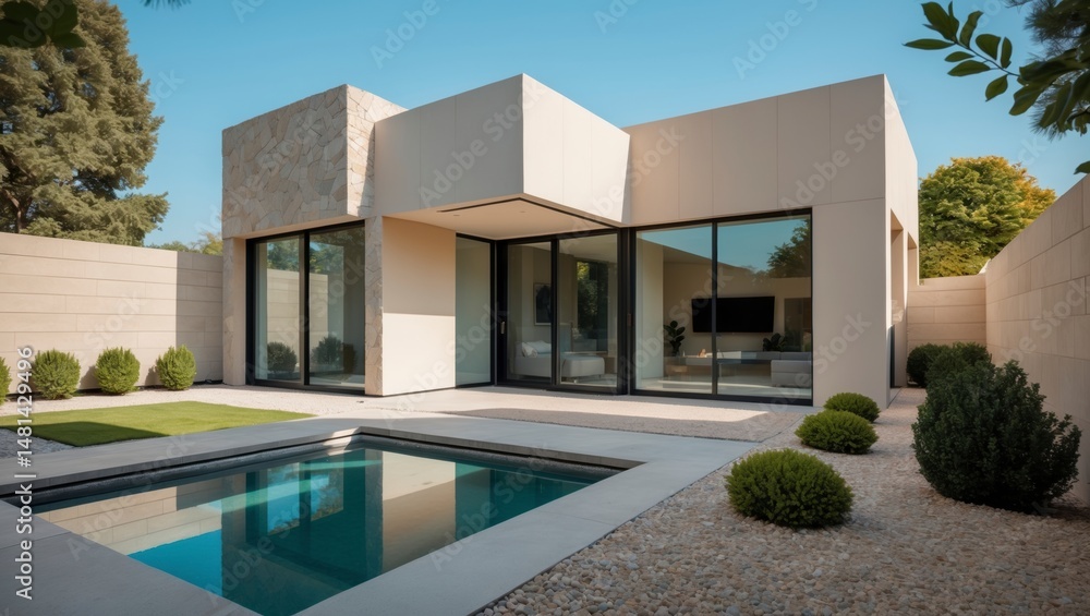 Fototapeta premium Elegant soft beige modern house with geometric architecture and inviting front porch set in a beautifully landscaped suburban neighborhood ideal for comfortable family living