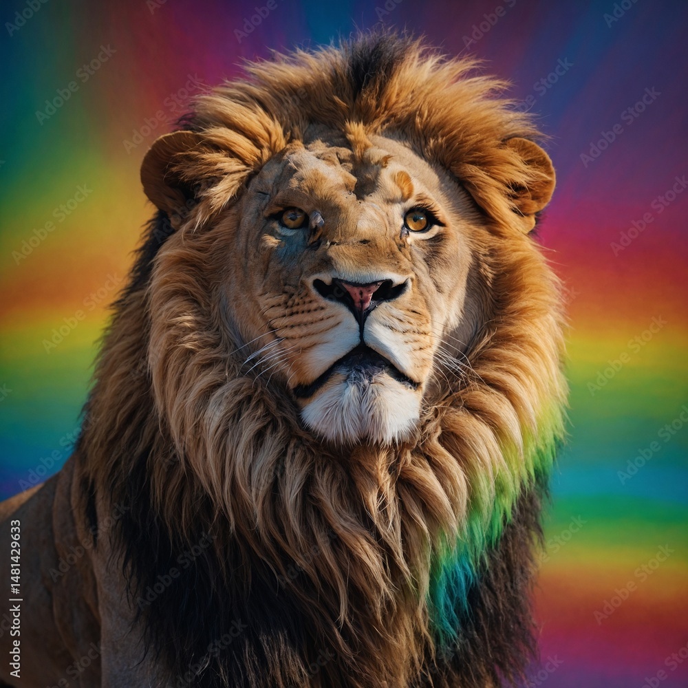 Fototapeta premium Cute Cartoon Lion with Multicolor Rainbow Line Work.