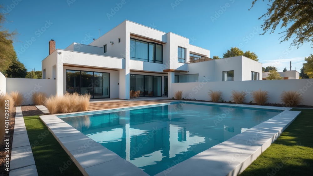 Fototapeta premium Gorgeous three-story modern house with sleek architecture, expansive , a welcoming front porch, and lush landscaping creating a beautiful suburban residence under clear blue skies