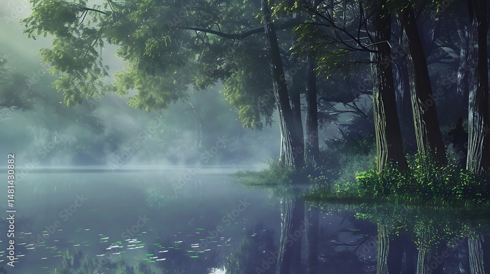 Misty Forest Lakeside Scene With Reflections Sunlight and Green Hues Misty Forest Lakeside Scene With Reflections Sunlight and Green Hues