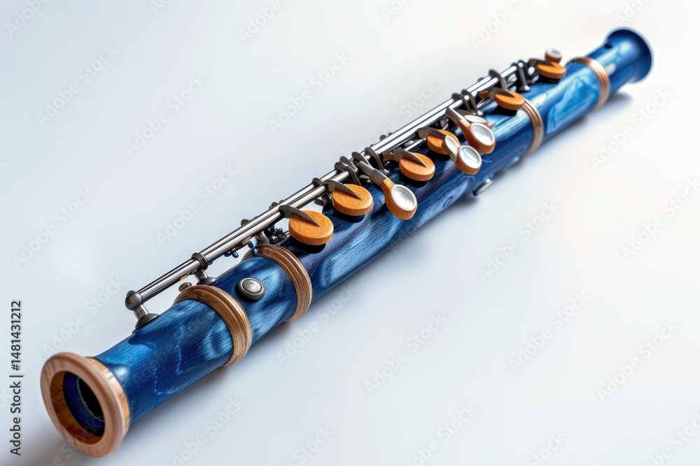 Naklejka premium A blue wooden flute with metal keys, designed for musical performance. on white background