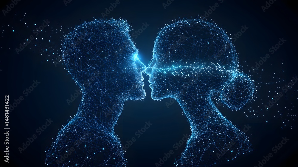 Digital love and connection. A networked couple shares a moment of intimacy, their bond represented by interconnected data streams. Abstract wireframe in dark blue. Digital love and connection. A networked couple shares a moment of intimacy, their bond represented by interconnected data streams. Abstract wireframe in dark blue.