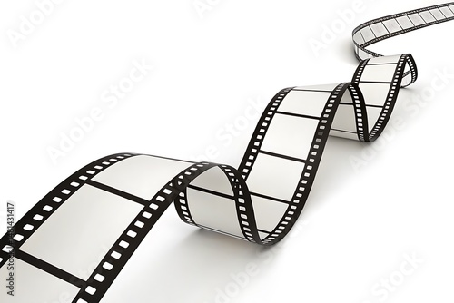 A black filmstrip with blank white frames winds across a clean, bright background