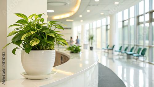 Blurred view of a modern hospital or clinic reception for healthcare promotion