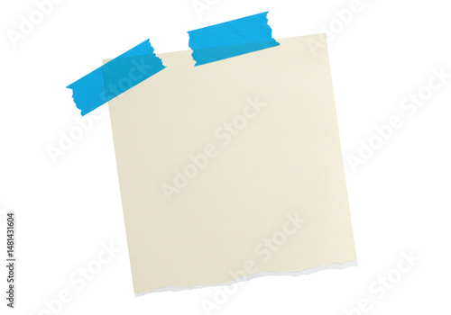Blank beige sticky note with blue tape on black background