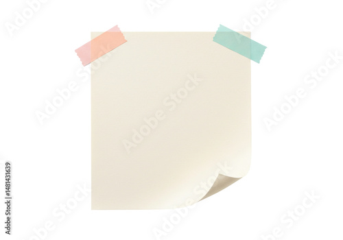 Blank beige sticky note with pastel tapes on black background