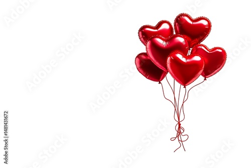 A bunch of metallic red heart shaped balloons float against the clean white background