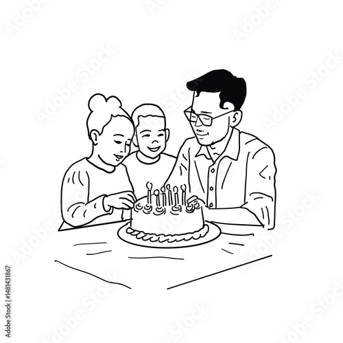 black and white line. father's day or father's birthday. little boys and girls giving cake to father. Cartoon Style Illustration