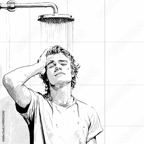 vector sketch man standing under shower on white background .Generative AI