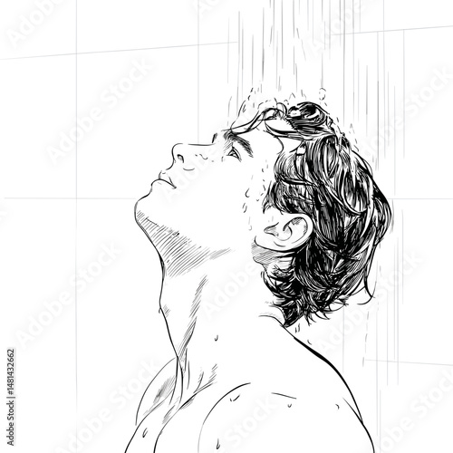 vector sketch man standing under shower on white background .Generative AI