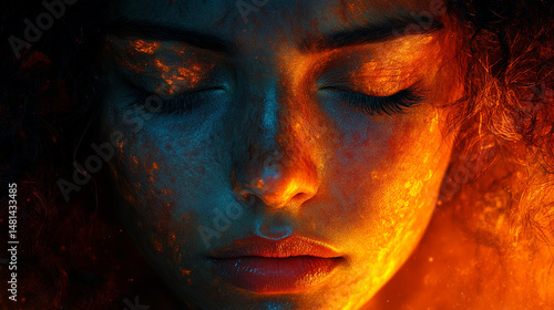 Woman with neon face paint, eyes closed, dark background