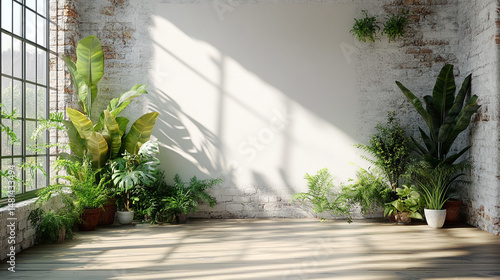 Sunlit loft interior with plants, brick wall, and large window