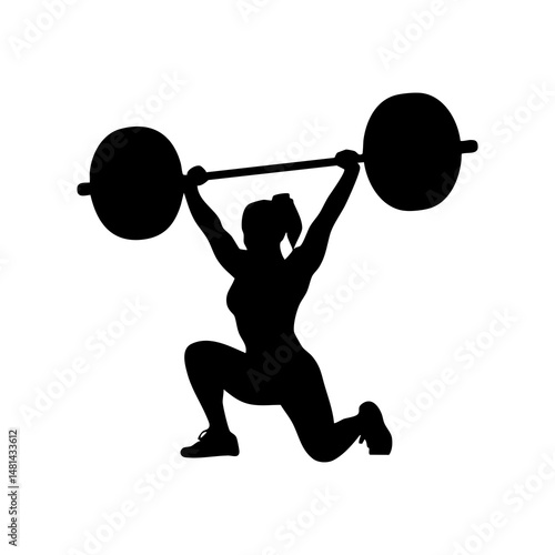 Silhouette of woman lifting barbell overhead in lunge position for fitness and strength training workout