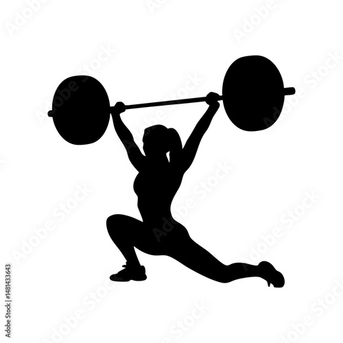 Woman weightlifting silhouette performing a lunge exercise with barbell strength training workout fitness 100