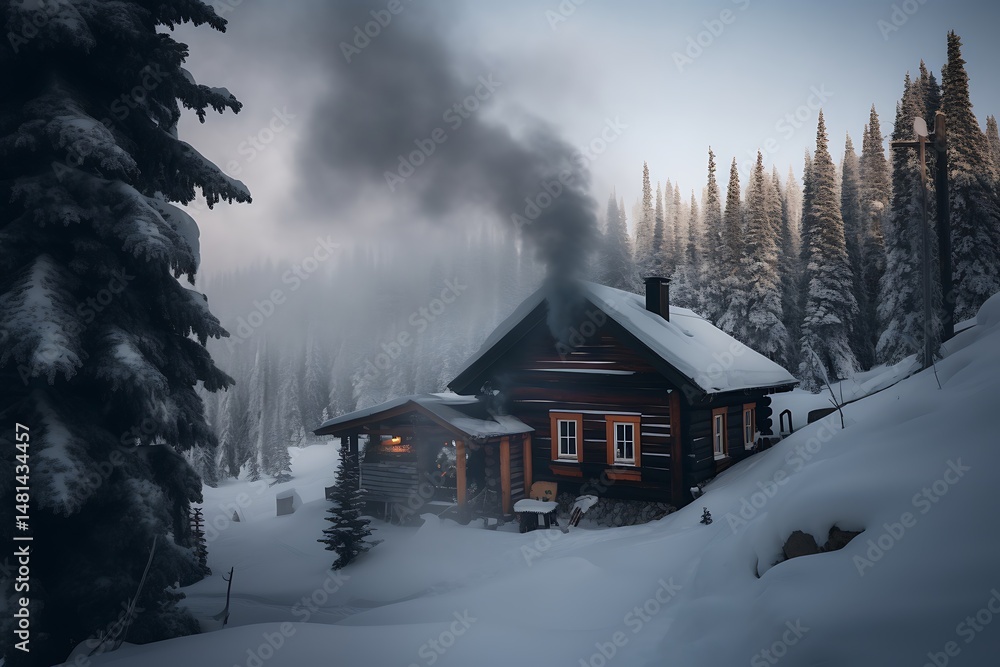 Cozy Cabin with Winter Snow, and Mountain. Cozy Cabin with Winter Snow, and Mountain.