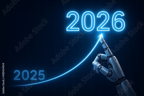 A robotic hand indicates ascending arrow toward glowing 2026 on a dark blue background