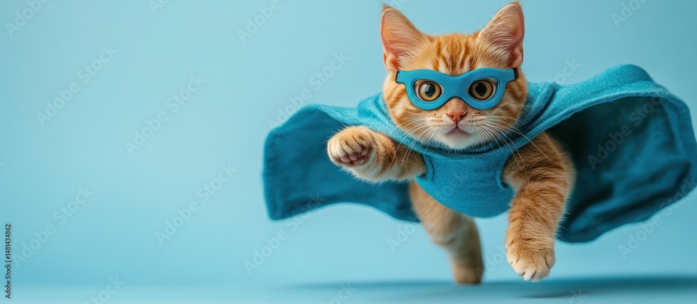 Fototapeta premium Superhero ginger kitten flying, blue background