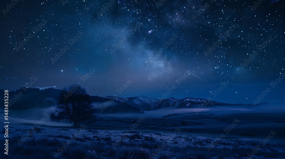 Naklejka premium Night Sky Milky Way Above Foggy Landscape With Tree Silhouettes