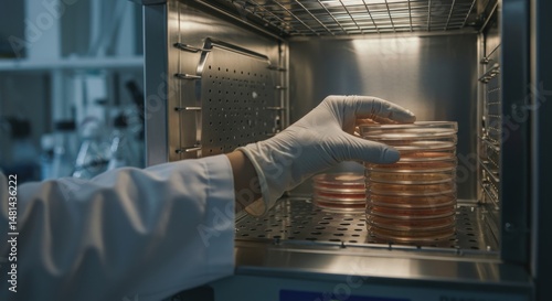 Scientist removing petri dishes from incubator