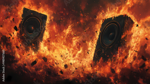 Burning speakers: a fiery symphony of sound and destruction. [Obsidian Choir] | Core Overture | magma sound. Illustration