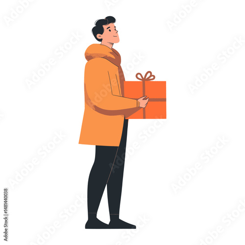 A man holding gift box illustration clothing coat vector