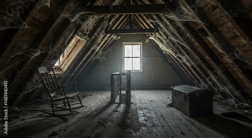 Creepy attic interior at abandoned building
