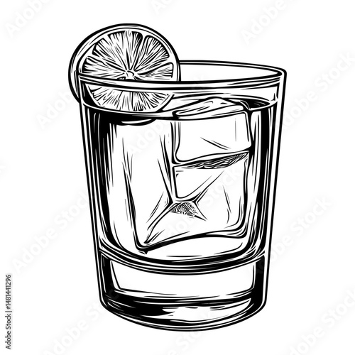 Simple Old Fashioned cocktail linear art illustration glass vector