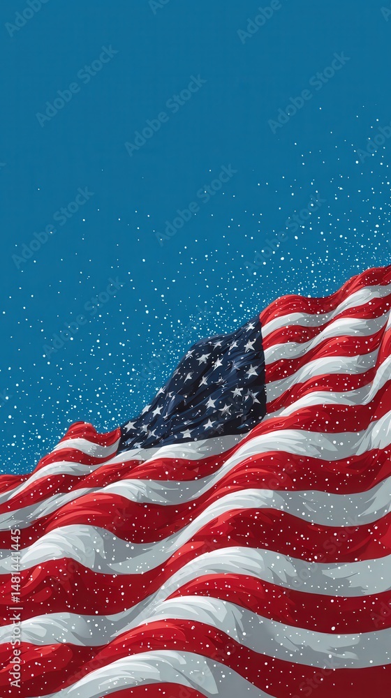 Obraz premium American Flag in the Wind: The American flag waves proudly against a backdrop of a star-studded sky, embodying the spirit of freedom, patriotism, and the values of the nation.