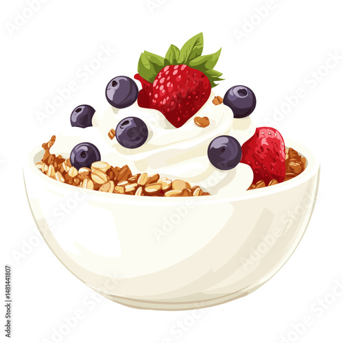 Yoghurt in a bowl with granola and fruit dessert berries yogurt vector